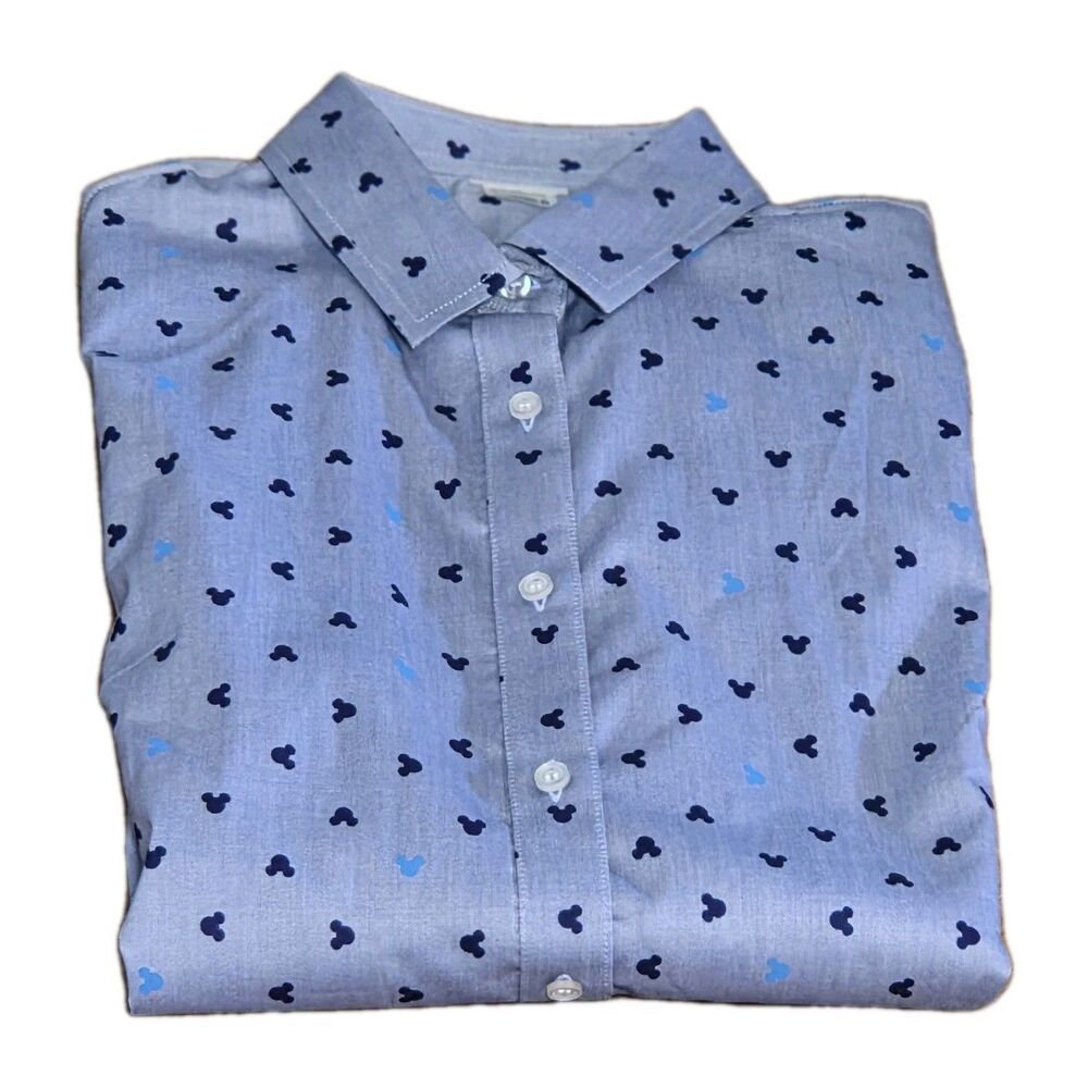 Disney Mickey Mouse Ears Print Button Front Shirt Light Navy Gray Womens Sz M